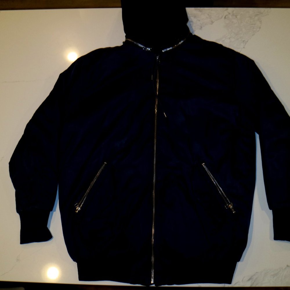 Navy blue TNA Jacket with removable leather hood